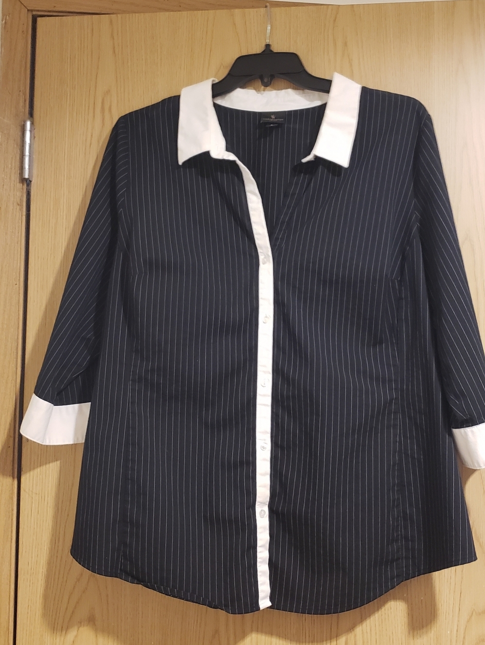 Worthington Black Pinstripe Blouse with White Accents